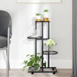 Discount Blomsterstativ 4 niveauer med hjul 44x23x80 cm jern sort - Blomsterstativ - Blomsterstativer - Home & Living Plantestativer