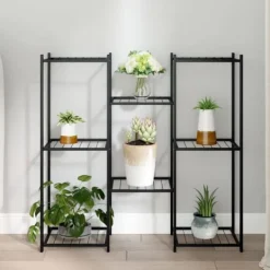 New Blomsterstativ i jern til planter og opbevaring | Størrelse: 83x25x80 cm | Farve: Sort Plantestativer
