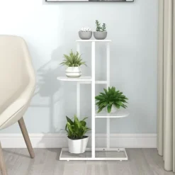 Plantestativer^Blomsterstativ med 4 niveauer i metal - Plantestativ | Farve: Hvid | Størrelse: 43x22x76 cm
