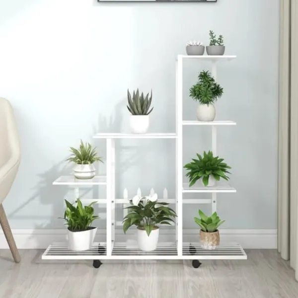Plantestativer^Blomsterstativ med hjul - Plantestativ i metal | Farve: Hvid | Størrelse: 94,5x25x92,5 cm
