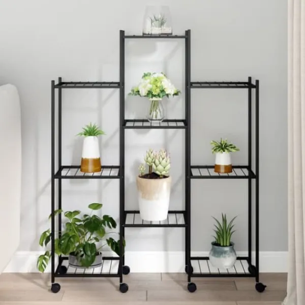 Plantestativer^Blomsterstativ med hjul i jern - Plantehylde | Farve: Sort | Størrelse: 83x25x103,5 cm