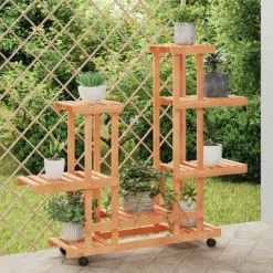 Plantestativer^Blomsterstativ med hjul i massiv fyrretræ - Plantestativ til indendørs og udendørs brug | Størrelse: 95x25x101 cm