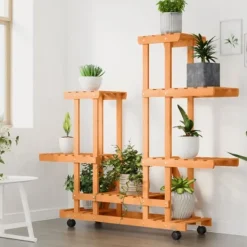 Plantestativer^Blomsterstativ med hjul i massiv fyrretræ - Plantestativ til indendørs og udendørs brug | Størrelse: 95x25x101 cm