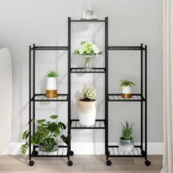Plantestativer^Blomsterstativ med hjul 83x25x103,5 cm jern sort - Blomsterstativ - Blomsterstativer - Home & Living