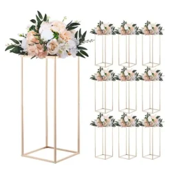 Best Blomsterstativer - Rektangulære Søjler - Sæt med 10 - 60 cm Højde - Metalramme - Til Bryllup og Fest - Guld Blomster