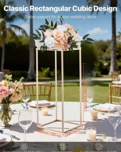 Best Blomsterstativer - Rektangulære Søjler - Sæt med 10 - 60 cm Højde - Metalramme - Til Bryllup og Fest - Guld Blomster