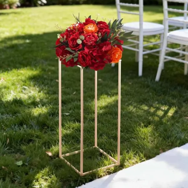 Best Blomsterstativer - Rektangulære Søjler - Sæt med 10 - 60 cm Højde - Metalramme - Til Bryllup og Fest - Guld Blomster