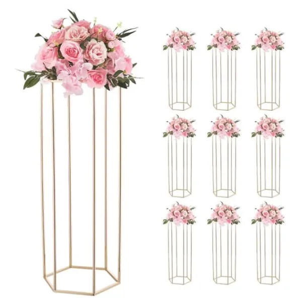 Blomster^Blomsterstativer - Søjle - 10 stk - 80 cm Høje - Sekskantet Design - Med Akrylplade - Midtpunkt Til Bryllup & Fest - Guld