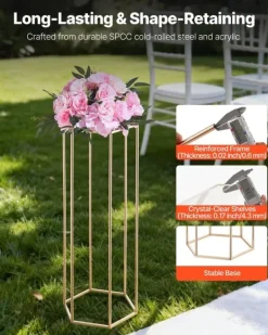 Blomster^Blomsterstativer - Søjle - 10 stk - 80 cm Høje - Sekskantet Design - Med Akrylplade - Midtpunkt Til Bryllup & Fest - Guld