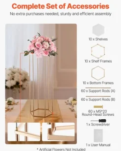Blomster^Blomsterstativer - Søjle - 10 stk - 80 cm Høje - Sekskantet Design - Med Akrylplade - Midtpunkt Til Bryllup & Fest - Guld