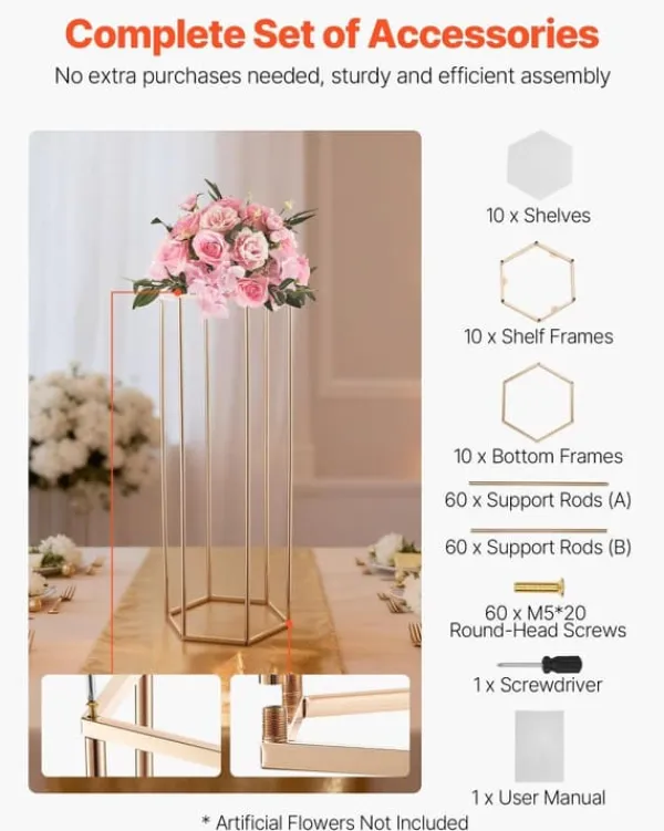 Blomster^Blomsterstativer - Søjle - 10 stk - 80 cm Høje - Sekskantet Design - Med Akrylplade - Midtpunkt Til Bryllup & Fest - Guld