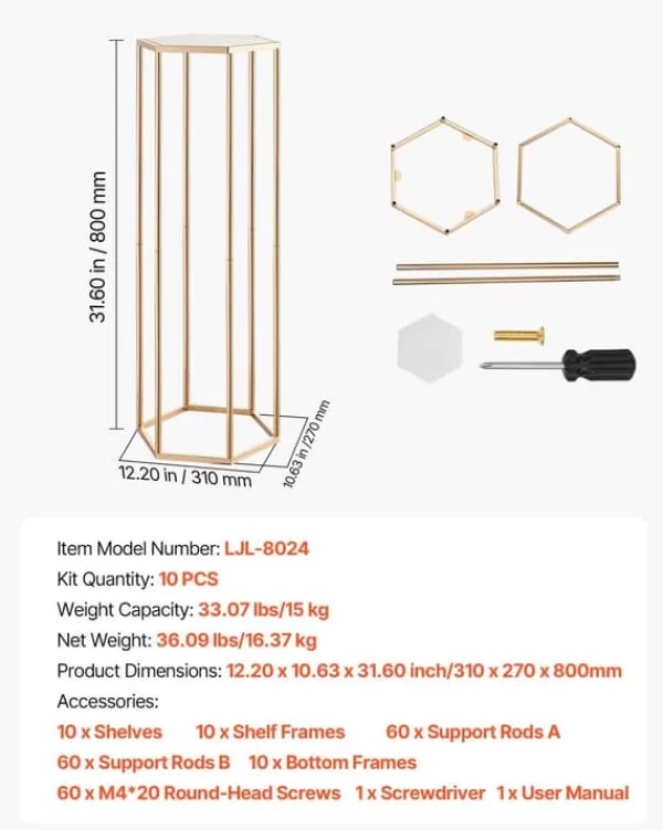 Blomster^Blomsterstativer - Søjle - 10 stk - 80 cm Høje - Sekskantet Design - Med Akrylplade - Midtpunkt Til Bryllup & Fest - Guld