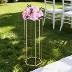 Blomster^Blomsterstativer - Søjle - 10 stk - 80 cm Høje - Sekskantet Design - Med Akrylplade - Midtpunkt Til Bryllup & Fest - Guld