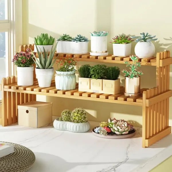Plantestativer^Bordplade Bambus Plantestativ Desktop Flower Hylde Stativ til Indendørs Udendørs Hjem Terrasse Græsplæne Have Balkon Stor 60 cm/23.62in