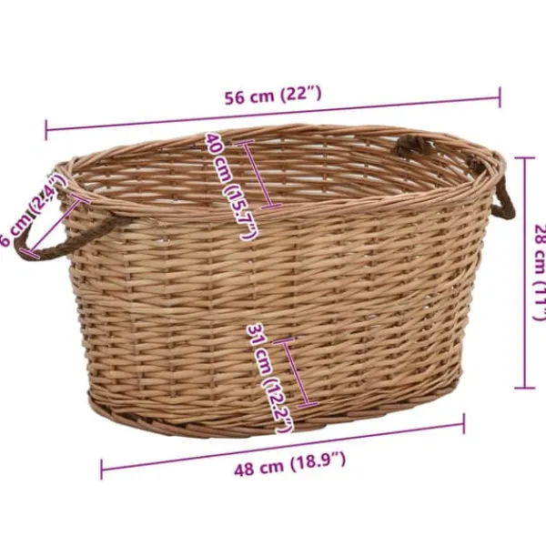Hot Brændekurv med håndtag i naturlig pil - Holdbar opbevaring til brænde | Størrelse: 58x42x29 cm Tilbehør Til Brændeovne & Pejse