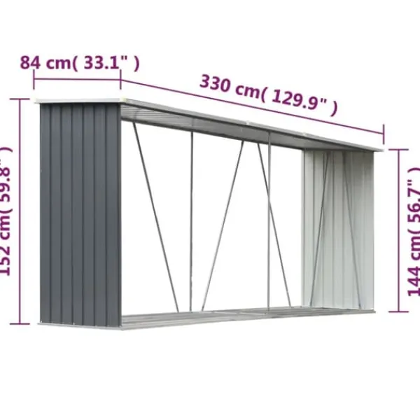 Skure, Garager & Carports^Brændeskur i galvaniseret stål - Holdbar opbevaring til brænde | Størrelse: 330x84x152 cm | Farve: Grå