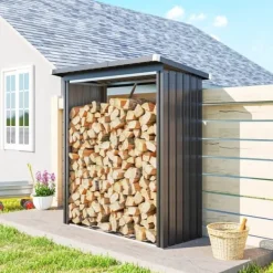 Skure, Garager & Carports^Brændeskur i stål med hævet bund og pulttag, 150×66,5×150 cm, mørkegrå