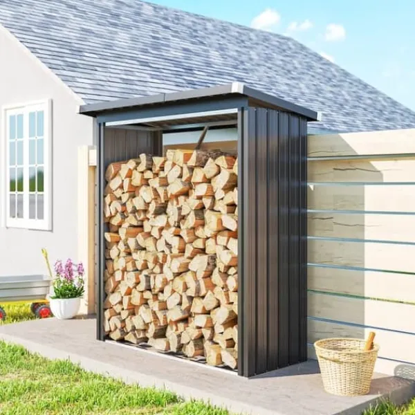 Skure, Garager & Carports^Brændeskur i stål med hævet bund og pulttag, 150×66,5×150 cm, mørkegrå