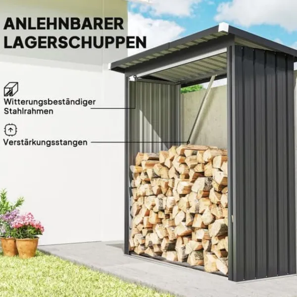 Skure, Garager & Carports^Brændeskur i stål med hævet bund og pulttag, 150×66,5×150 cm, mørkegrå