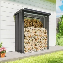 Skure, Garager & Carports^Brændeskur i stål med hævet bund og pulttag, 150×66,5×150 cm, mørkegrå