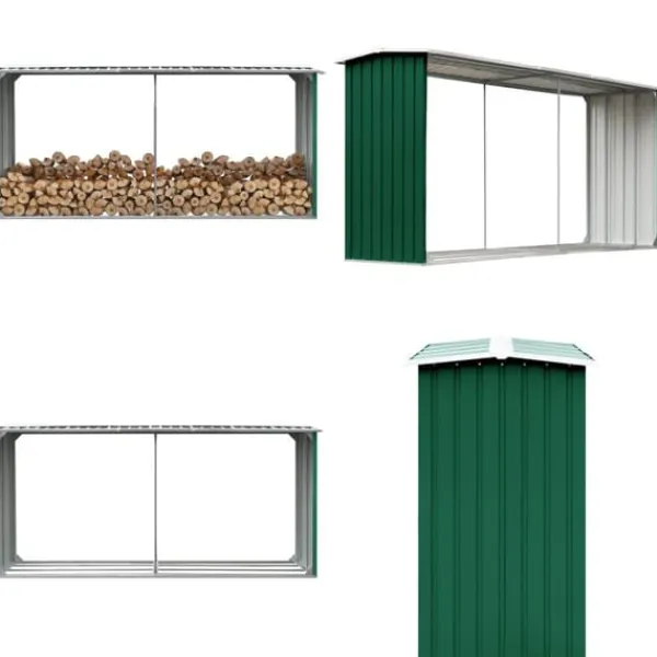Skure, Garager & Carports^Brændeskur til haven 330 x 92 x 153 cm galvaniseret stål grøn - Brændeskur - Brændeskure - Home & Living