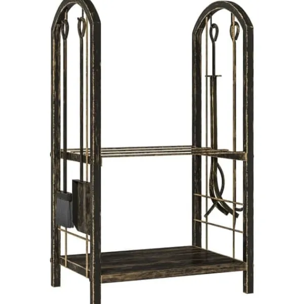 Discount Brændestativ 43×30×74 cm, 2 niveauer, med 4 pejseværktøjer og kroge Tilbehør Til Brændeovne & Pejse