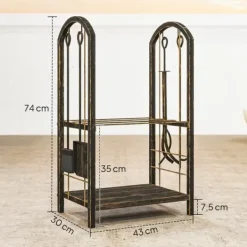 Discount Brændestativ 43×30×74 cm, 2 niveauer, med 4 pejseværktøjer og kroge Tilbehør Til Brændeovne & Pejse