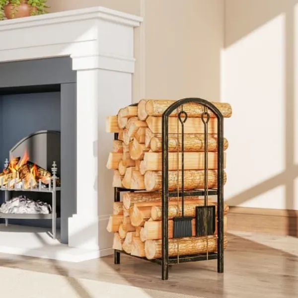 Discount Brændestativ 43×30×74 cm, 2 niveauer, med 4 pejseværktøjer og kroge Tilbehør Til Brændeovne & Pejse