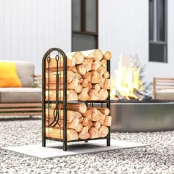 Discount Brændestativ 43×30×74 cm, 2 niveauer, med 4 pejseværktøjer og kroge Tilbehør Til Brændeovne & Pejse