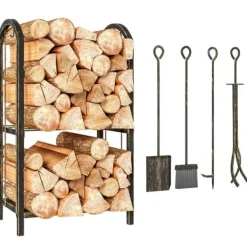Discount Brændestativ 43×30×74 cm, 2 niveauer, med 4 pejseværktøjer og kroge Tilbehør Til Brændeovne & Pejse