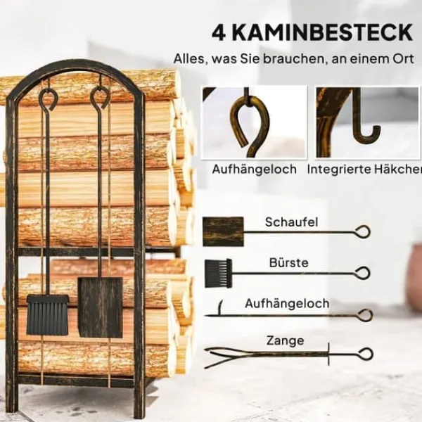 Tilbehør Til Brændeovne & Pejse^Brændestativ 43×30×74 cm, 2 niveauer, med 4 pejseværktøjer og kroge