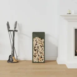 Outlet Brændestativ i koldvalset stål - Stabil brændeopbevaring | Farve: Olivengrøn | Størrelse: 25x25x60 cm Tilbehør Til Brændeovne & Pejse