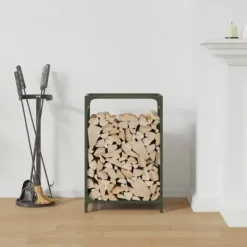 Tilbehør Til Brændeovne & Pejse^Brændestativ i koldvalset stål - Robust brændeholder | Størrelse: 44x28x65 cm | Farve: Olivengrøn