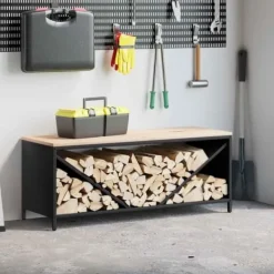 Discount Brændestativ med trætop - Robust brændereol | Størrelse: 100,5x35,5x40 cm | Farve: Sort Tilbehør Til Brændeovne & Pejse