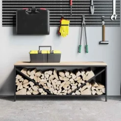 Discount Brændestativ med trætop - Robust brændereol | Størrelse: 100,5x35,5x40 cm | Farve: Sort Tilbehør Til Brændeovne & Pejse