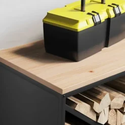 Discount Brændestativ med trætop - Robust brændereol | Størrelse: 100,5x35,5x40 cm | Farve: Sort Tilbehør Til Brændeovne & Pejse