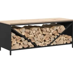 Discount Brændestativ med trætop - Robust brændereol | Størrelse: 100,5x35,5x40 cm | Farve: Sort Tilbehør Til Brændeovne & Pejse
