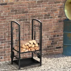 Outlet Brændestativ 2-niveau 40×30×74,5 cm med pejsesæt, sort Tilbehør Til Brændeovne & Pejse