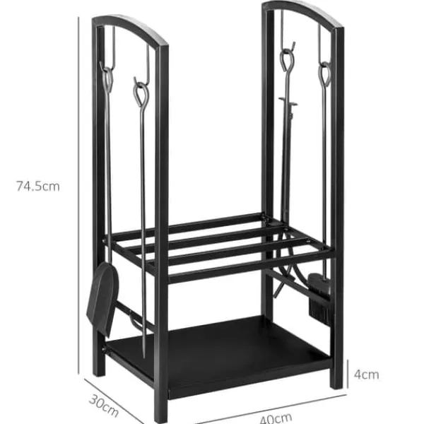 Outlet Brændestativ 2-niveau 40×30×74,5 cm med pejsesæt, sort Tilbehør Til Brændeovne & Pejse