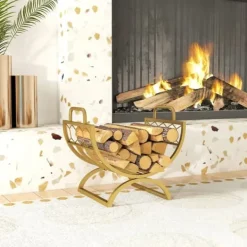Discount Brændestativ til indendørs brug 46×36×41 cm til pejs/ovn, metal, guld Tilbehør Til Brændeovne & Pejse