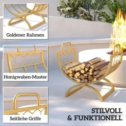 Discount Brændestativ til indendørs brug 46×36×41 cm til pejs/ovn, metal, guld Tilbehør Til Brændeovne & Pejse