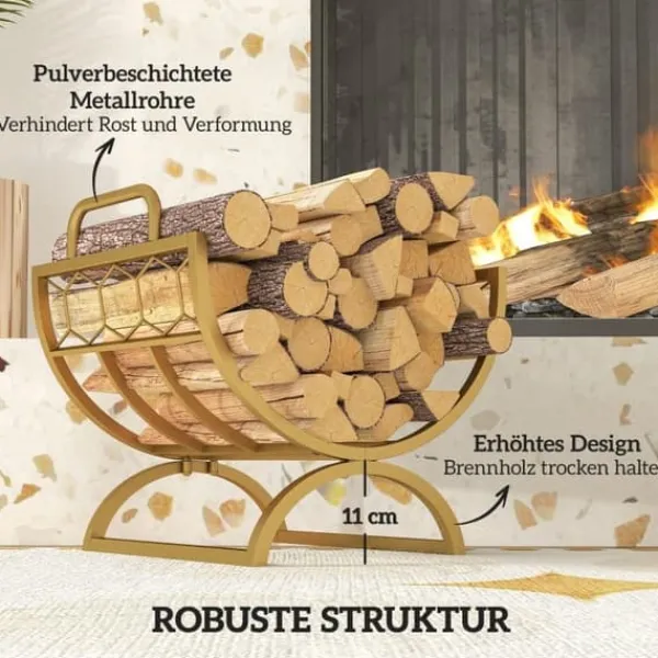 Discount Brændestativ til indendørs brug 46×36×41 cm til pejs/ovn, metal, guld Tilbehør Til Brændeovne & Pejse