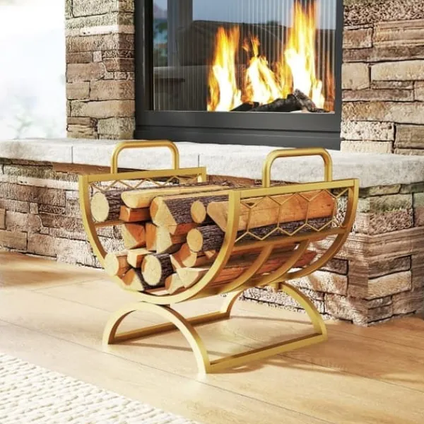Discount Brændestativ til indendørs brug 46×36×41 cm til pejs/ovn, metal, guld Tilbehør Til Brændeovne & Pejse