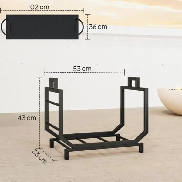 Tilbehør Til Brændeovne & Pejse^Brændestativ til indendørs opbevaring, 53 x 33 x 43 cm, brændestativ med bæretaske, metal, sort
