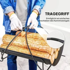 New Brændestativ til indendørs brug 51×38×33 cm, geometrisk design med håndtag, metal, sort Tilbehør Til Brændeovne & Pejse