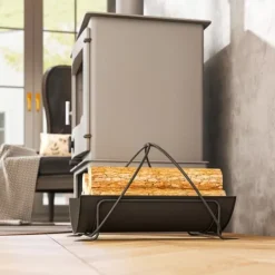 New Brændestativ til indendørs brug 51×38×33 cm, geometrisk design med håndtag, metal, sort Tilbehør Til Brændeovne & Pejse