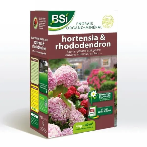 Gødningsmidler^BSI - Gødning - Til hortensiaer, rhododendroner - Strålende blomstring - Langvarig virkning - 4 kg - 40 m²