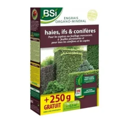 Gødningsmidler^BSI - Organo-mineralsk gødning - Økologisk - Hække, nåletræer - Til stedsegrønne og nåletræer - 1 kg - Plus 250 g gratis - 12,5 m²