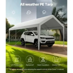Skure, Garager & Carports^Carport Biloverdækning 10 x 20 FT, Kraftig Bærbar Biloverdækningstelt, Hvid Farve, Modstandsdygtig Mod Vejrforhold