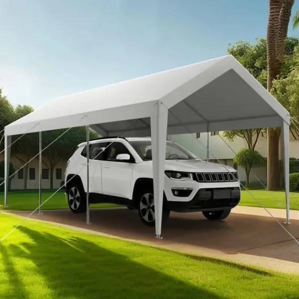 Skure, Garager & Carports^Carport Biloverdækning 10 x 20 FT, Kraftig Bærbar Biloverdækningstelt, Hvid Farve, Modstandsdygtig Mod Vejrforhold